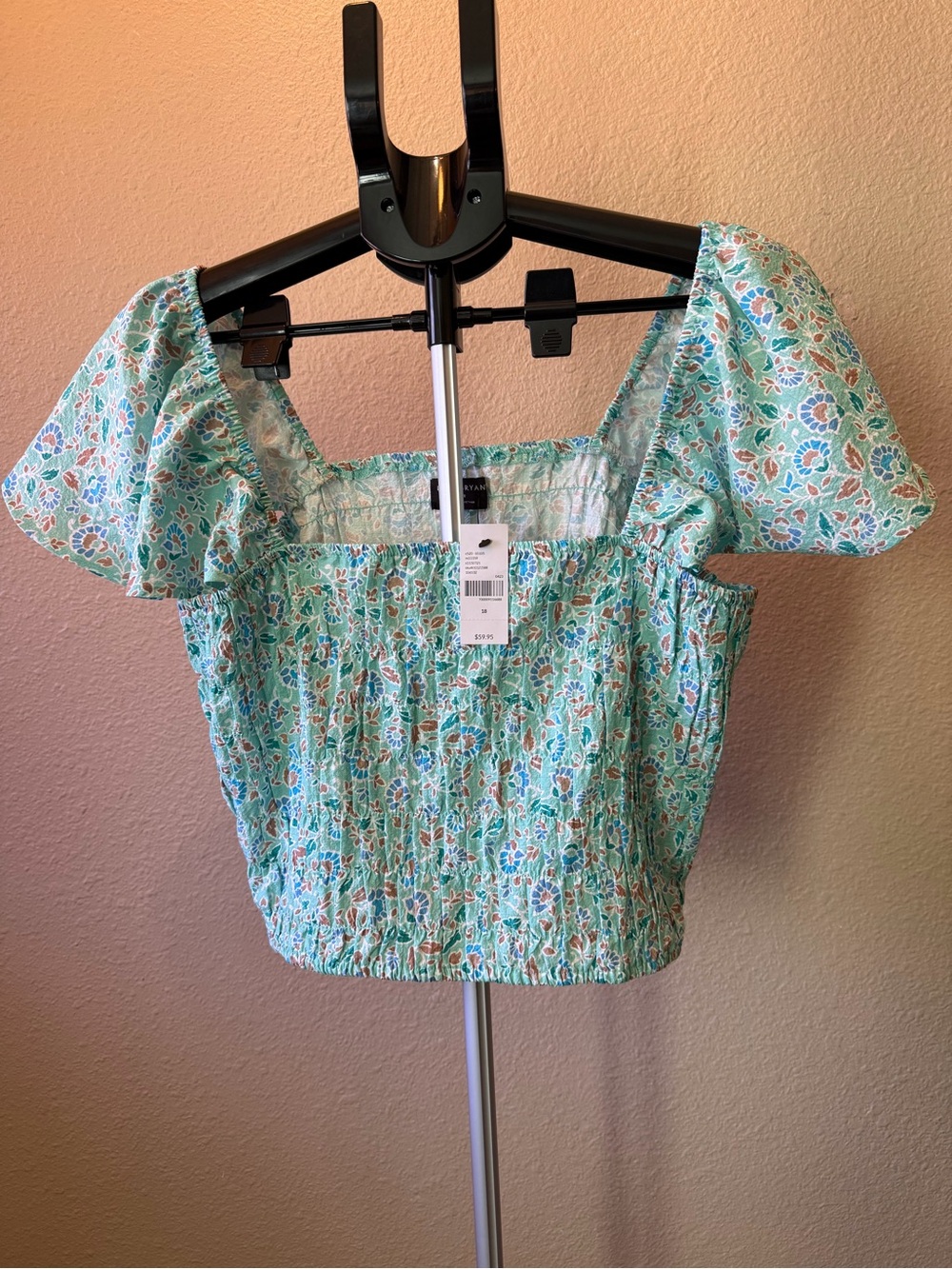 Lane Bryant Mint Floral Shirred Square-Neck Crop Top